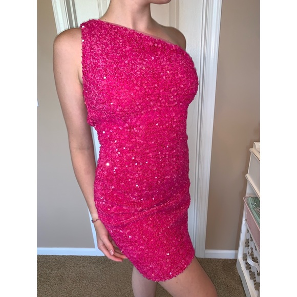 Fuscia Asymmetrical One Shoulder Sequin Cocktail Dress - Picture 4 of 5